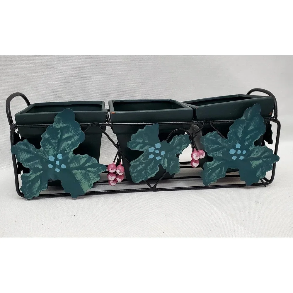 Vintage Square 3 Green Clay Pots With Metal Ivy‎ Leaves Planter Rack 11